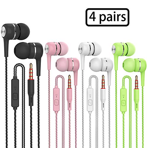 Heavy bass Earphone Color Call with Mic Stereo Earbud Headphones Mixed Colors (Black + White + Pink + Green 4 Pairs)